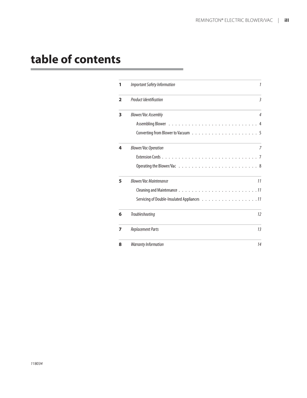 Remington BV12199A owner manual Table of contents 