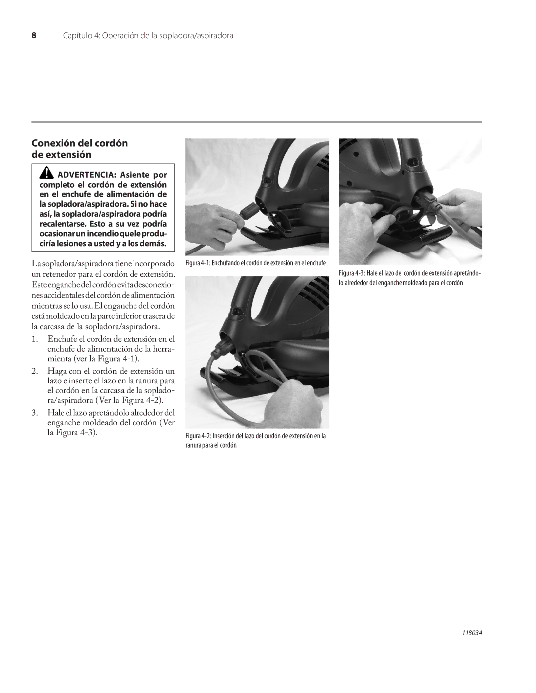 Remington BV12199A owner manual Conexión del cordón de extensión, Capítulo 4 Operación de la sopladora/aspiradora 