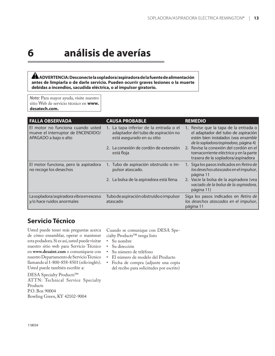 Remington BV12199A owner manual Análisis de averías, Servicio Técnico, Hace ruidos anormales Atascado, Página 