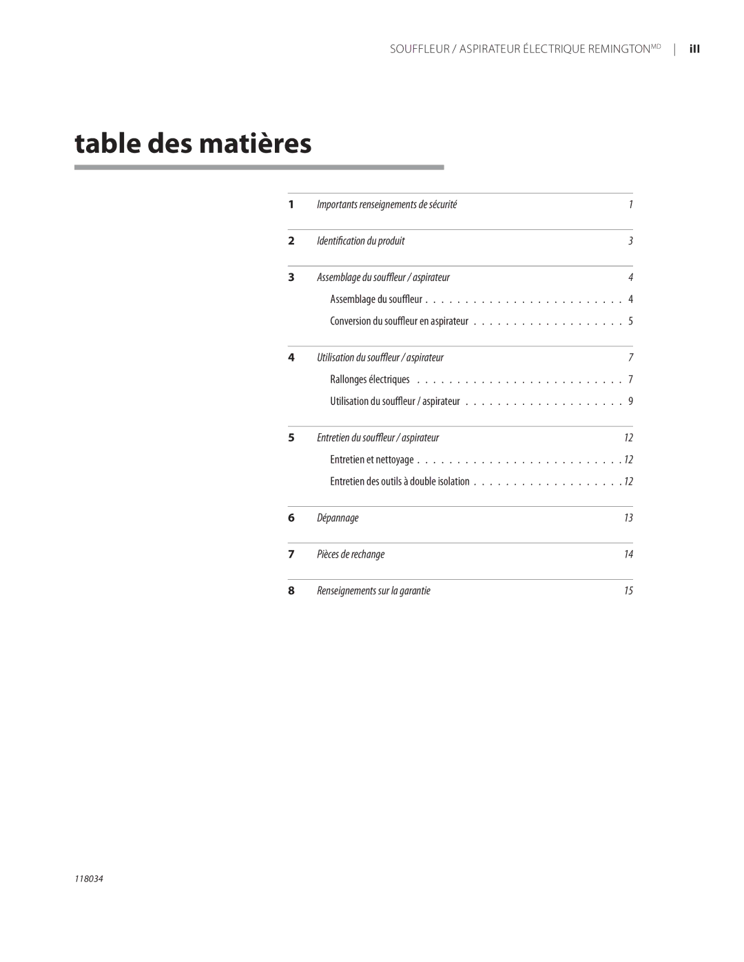 Remington BV12199A owner manual Table des matières, Souffleur / Aspirateur Électrique Remingtonmd 