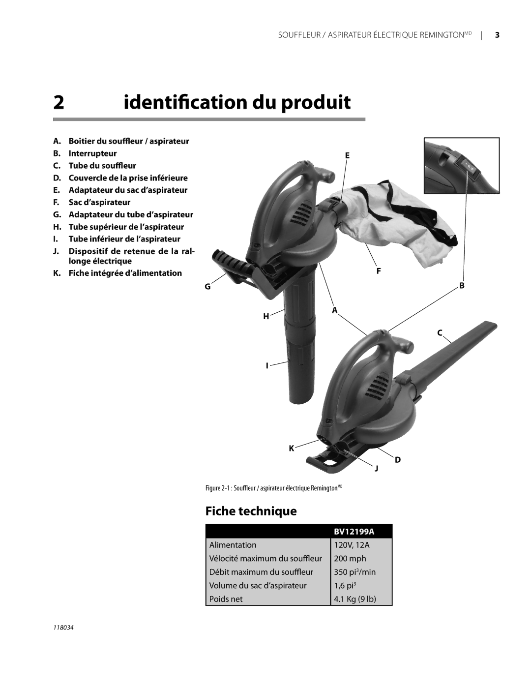 Remington BV12199A owner manual Identiﬁcation du produit, Fiche technique 