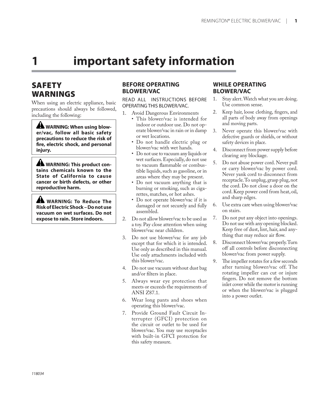 Remington BV12199A owner manual Important safety information, Use extra care when using blower/vac on stairs 