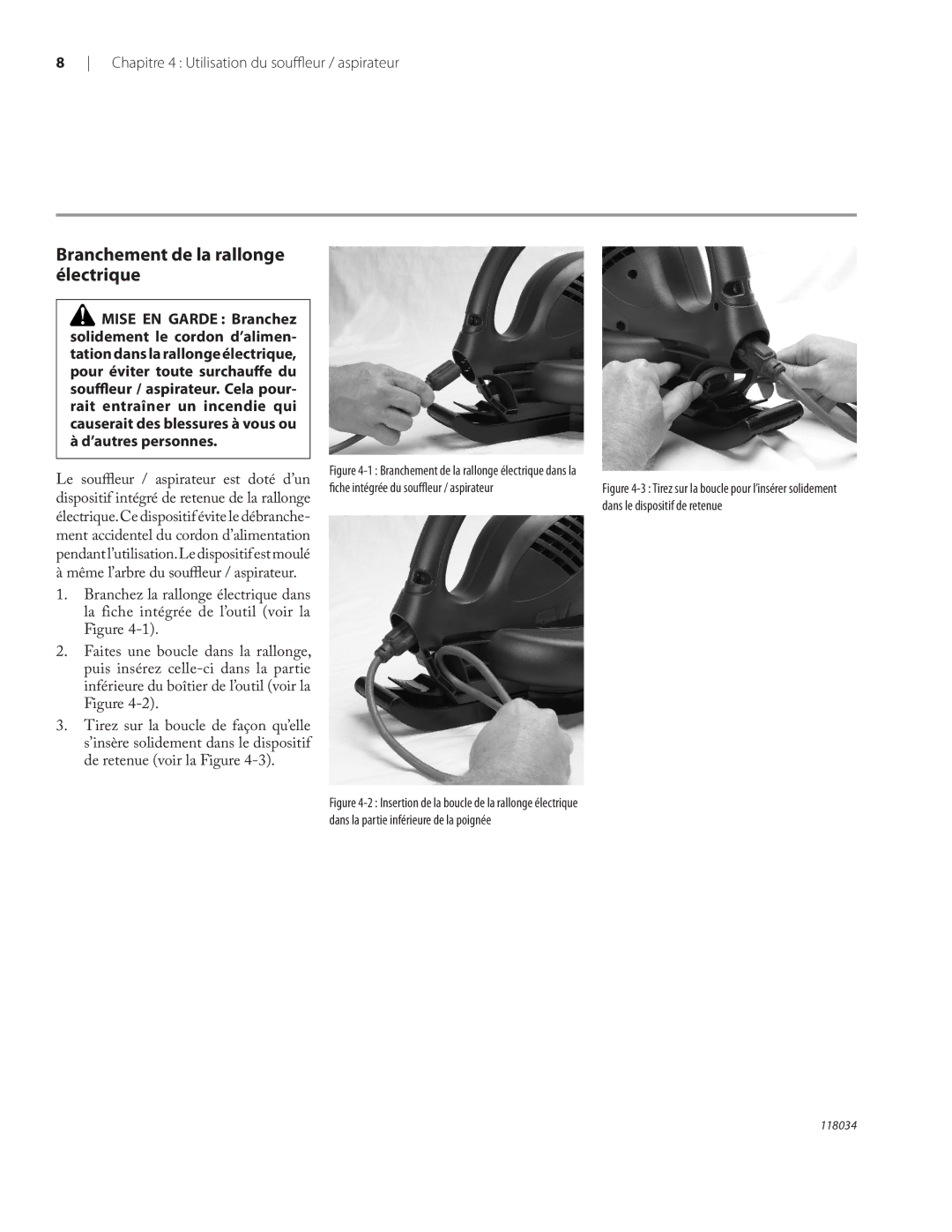 Remington BV12199A owner manual Branchement de la rallonge électrique, Chapitre 4 Utilisation du souﬄeur / aspirateur 