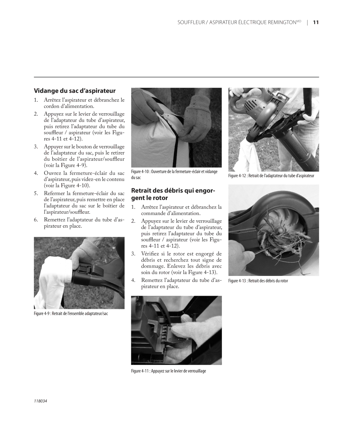 Remington BV12199A owner manual Vidange du sac d’aspirateur, Retrait des débris qui engor- gent le rotor 