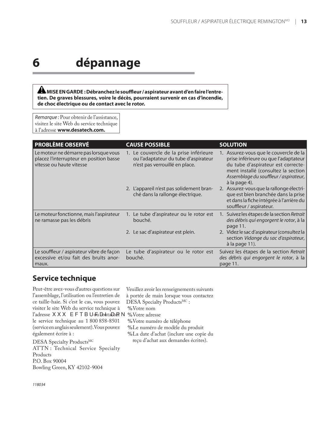 Remington BV12199A owner manual Dépannage, Service technique 