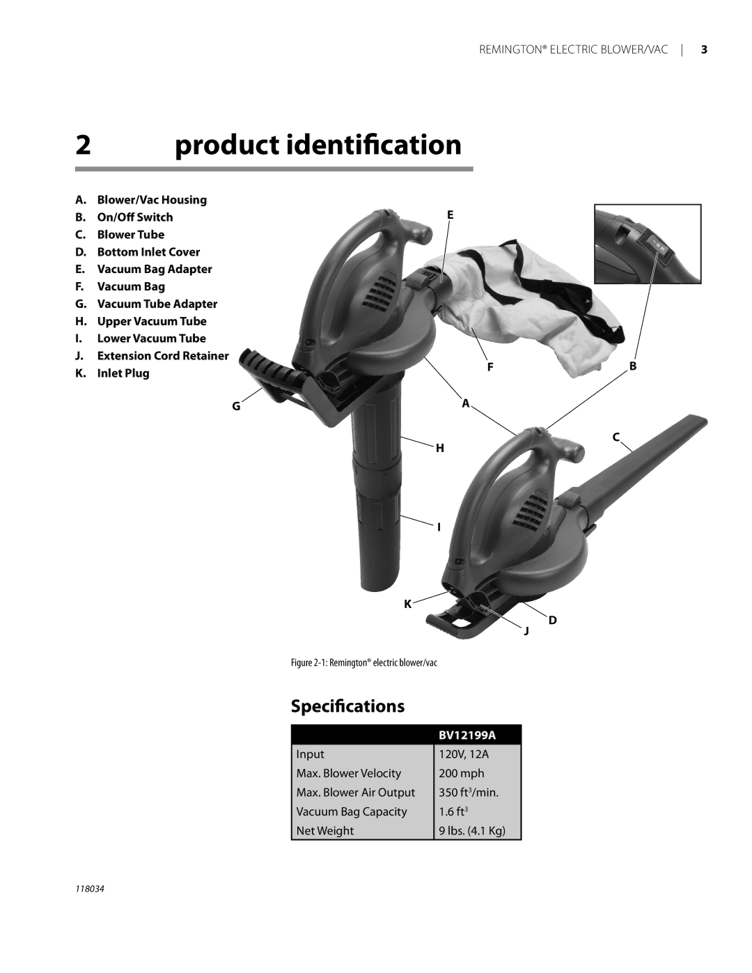 Remington BV12199A owner manual Product identiﬁcation, Speciﬁcations 