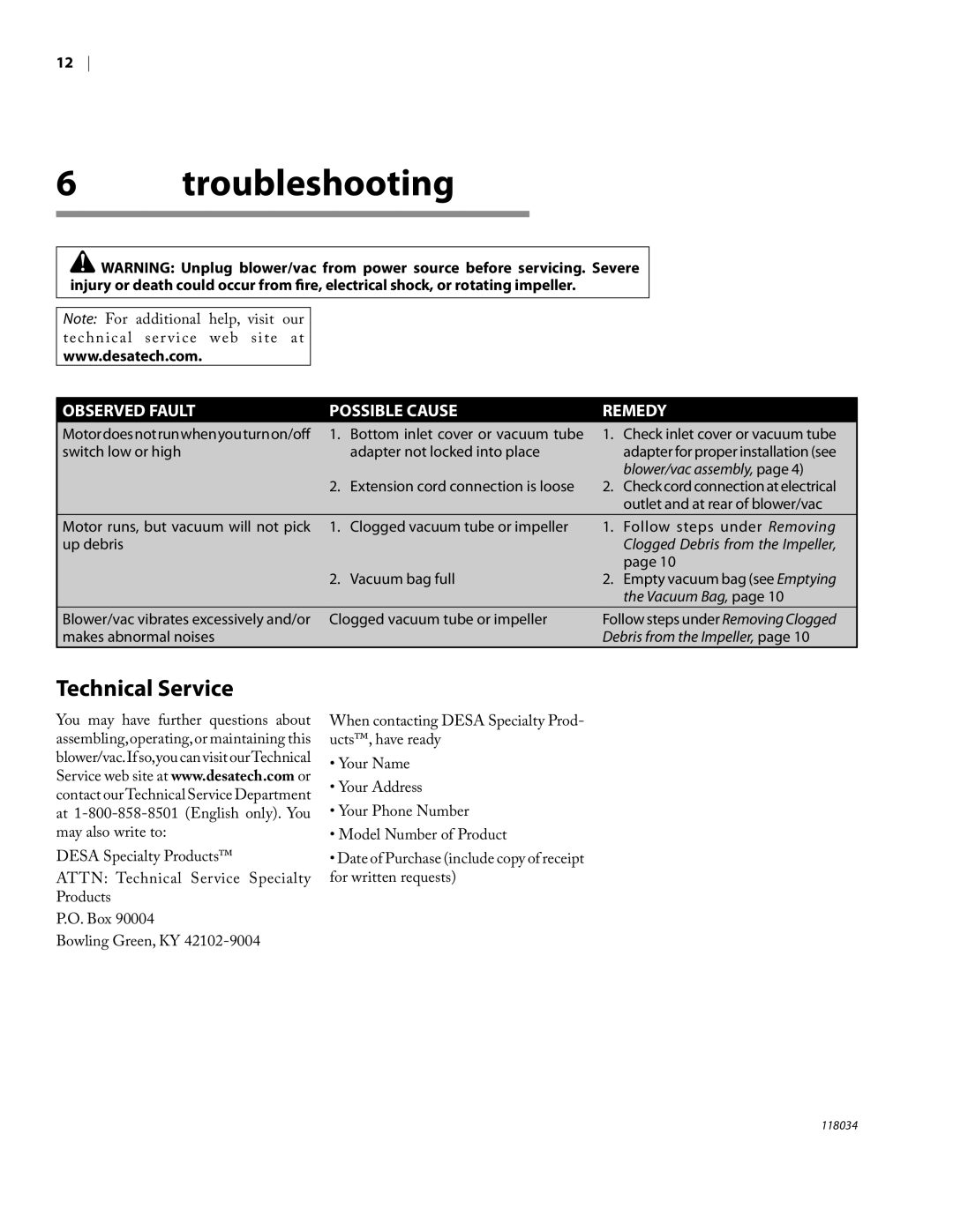 Remington BV12199A owner manual troubleshooting, Technical Service, Observed Fault, Possible Cause, Remedy 