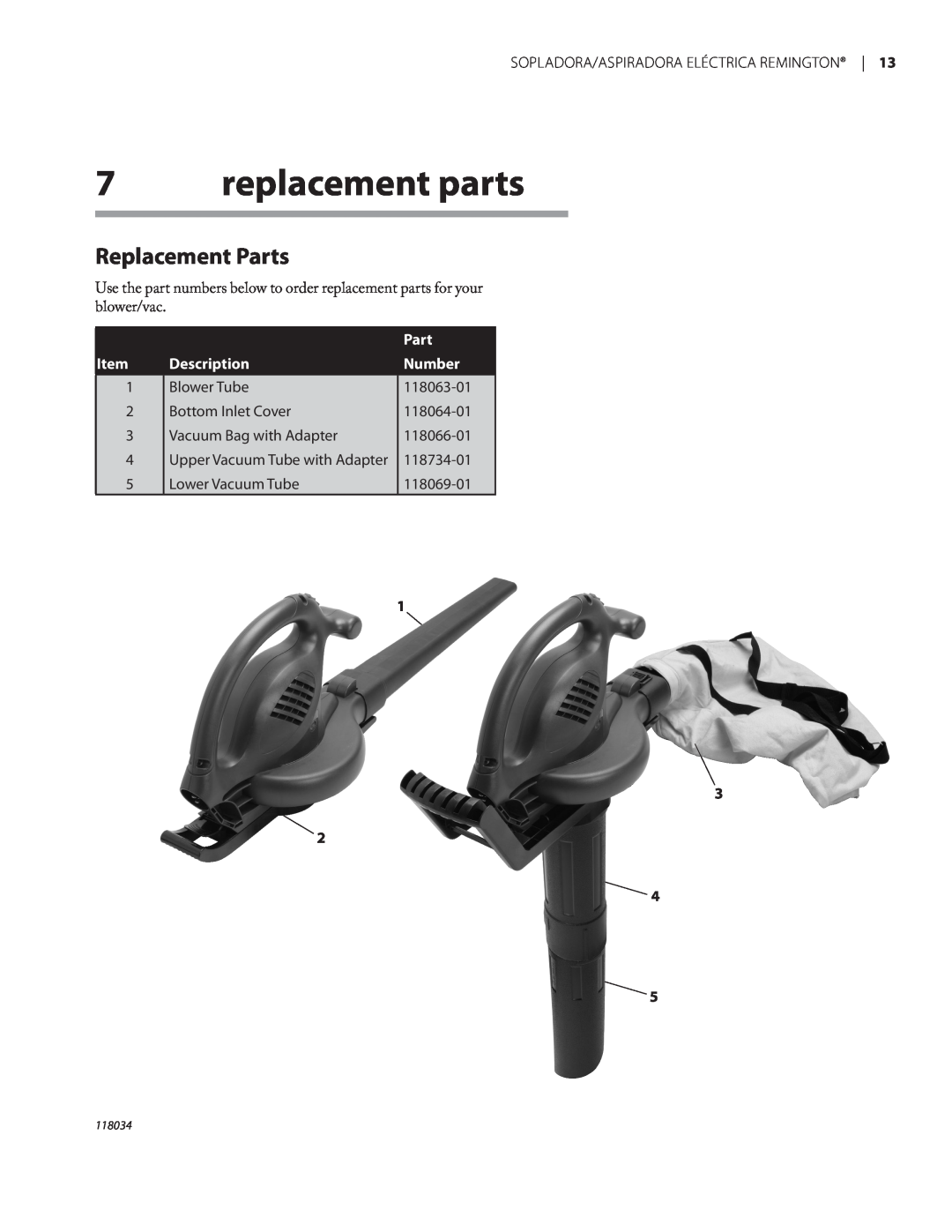 Remington BV12199A owner manual replacement parts, Replacement Parts, Description, Number 