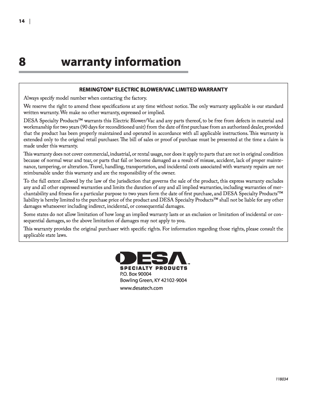 Remington BV12199A owner manual warranty information, Remington Electric Blower/Vac Limited Warranty 
