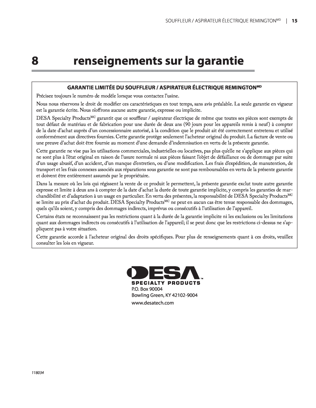 Remington BV12199A renseignements sur la garantie, Garantie Limitée Du Souffleur / Aspirateur Électrique Remingtonmd 