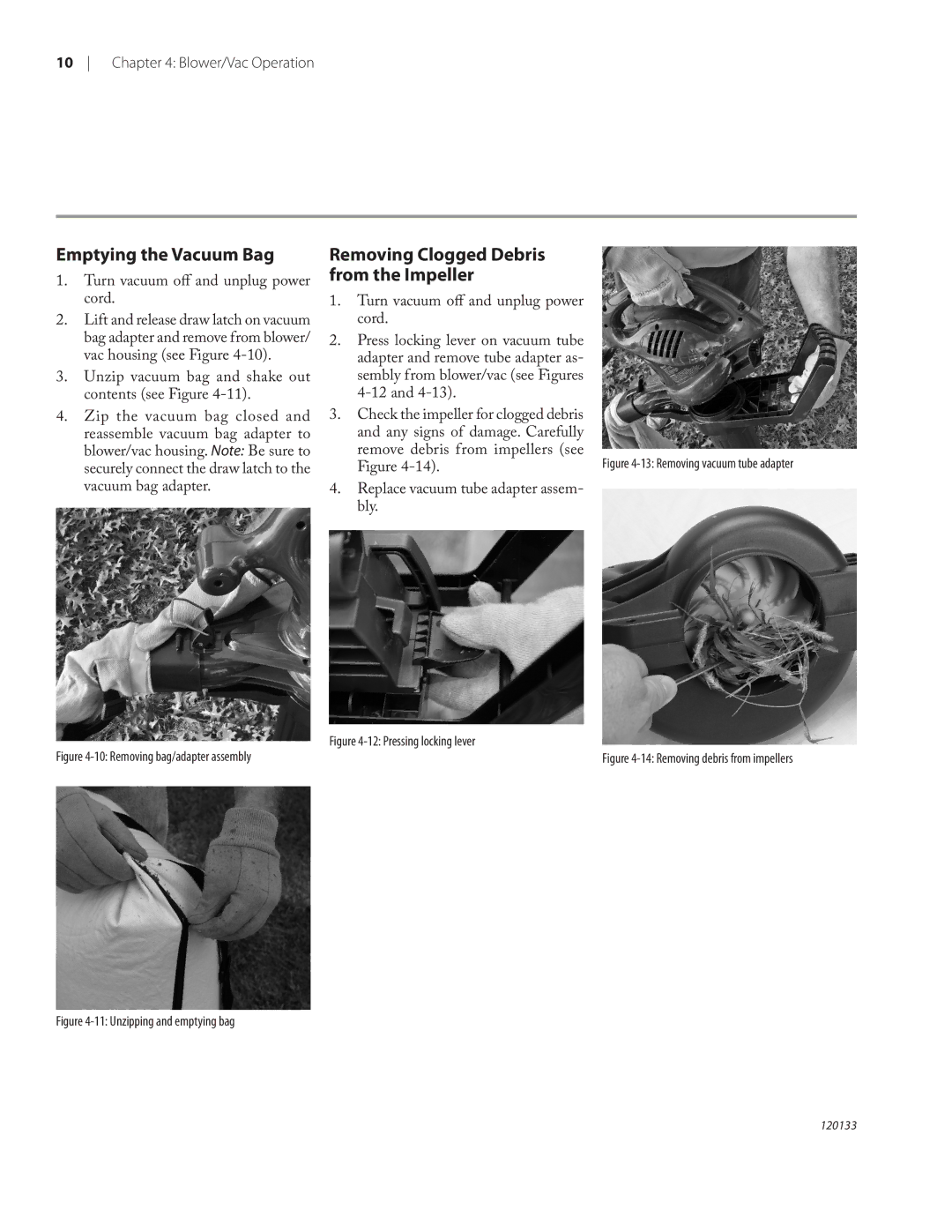 Remington BV12200A, BV1220DAT owner manual Emptying the Vacuum Bag, Removing Clogged Debris from the Impeller 