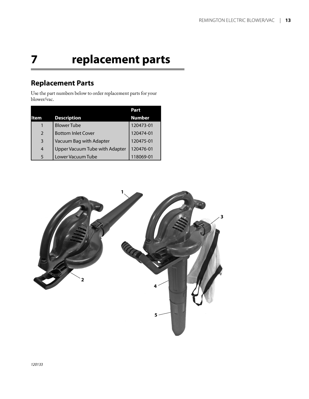 Remington BV12200A, BV1220DAT owner manual Replacement parts, Replacement Parts, Description Number 