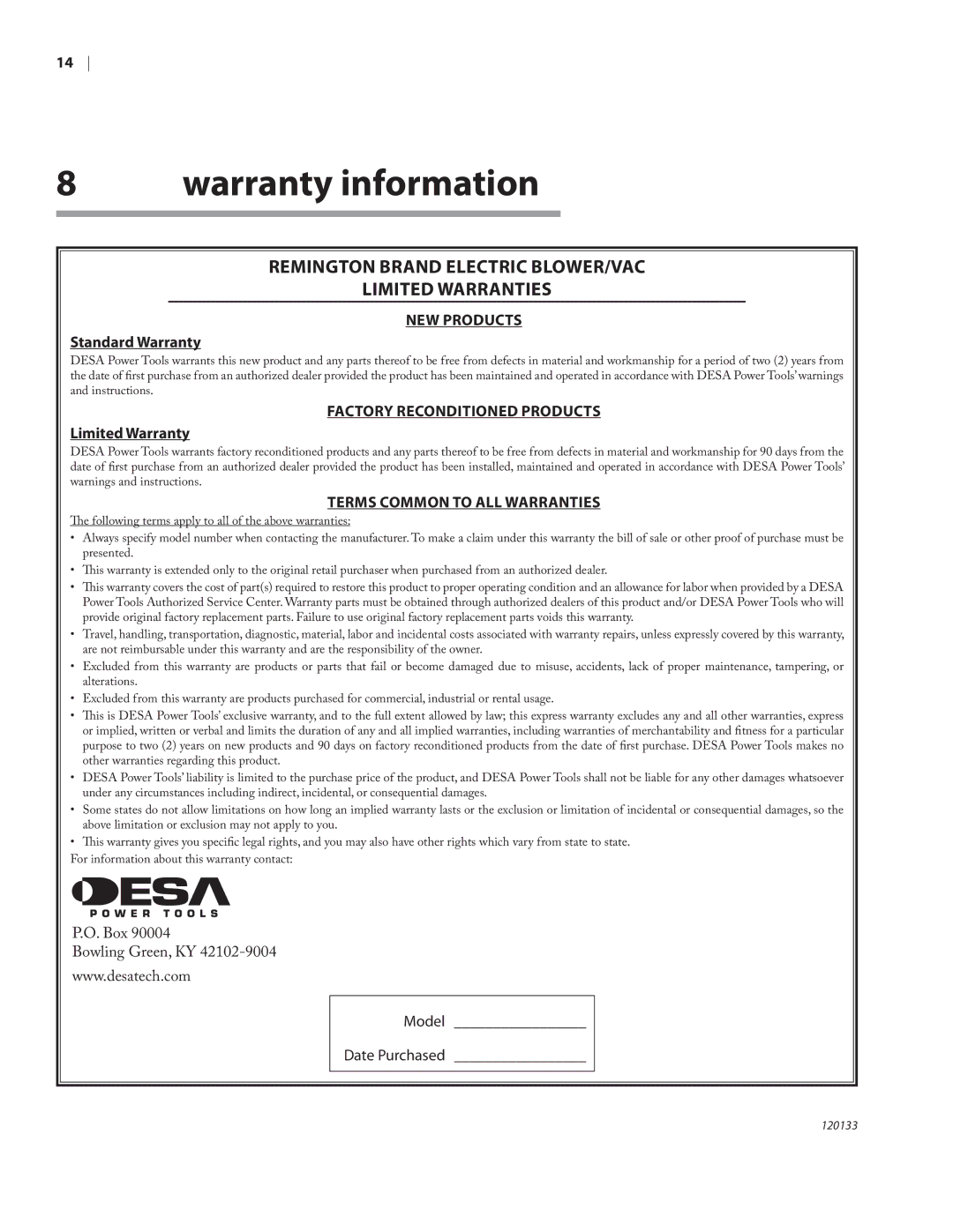 Remington BV12200A, BV1220DAT owner manual Warranty information, Remington brand Electric Blower/Vac 