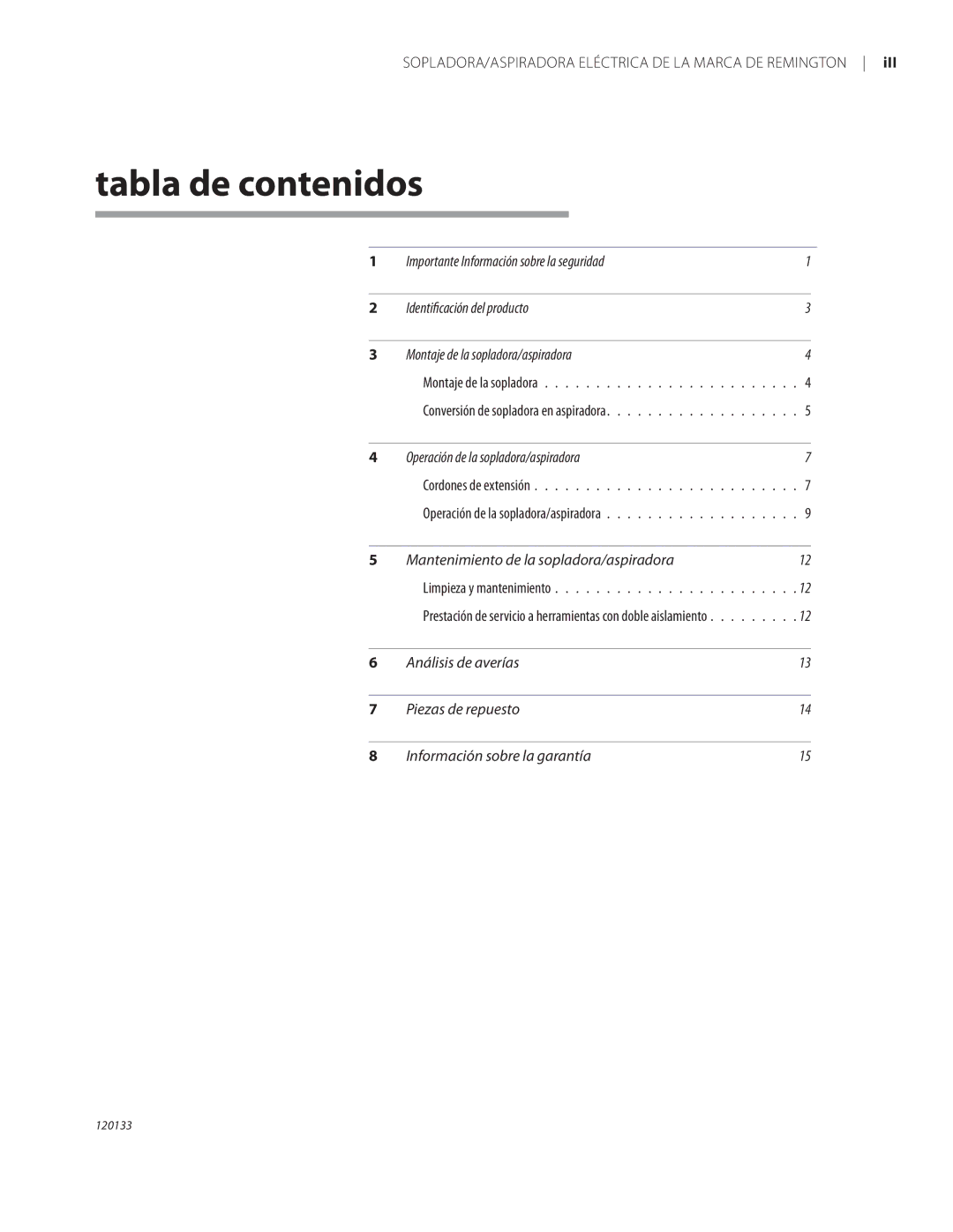 Remington BV12200A, BV1220DAT owner manual Tabla de contenidos 