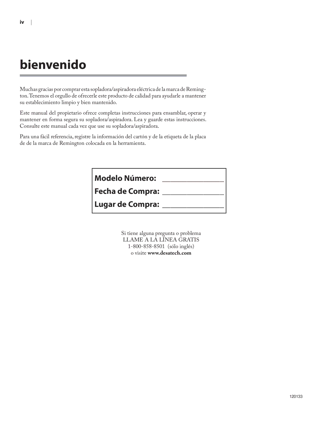 Remington BV12200A, BV1220DAT owner manual Bienvenido, Modelo Número Fecha de Compra Lugar de Compra 