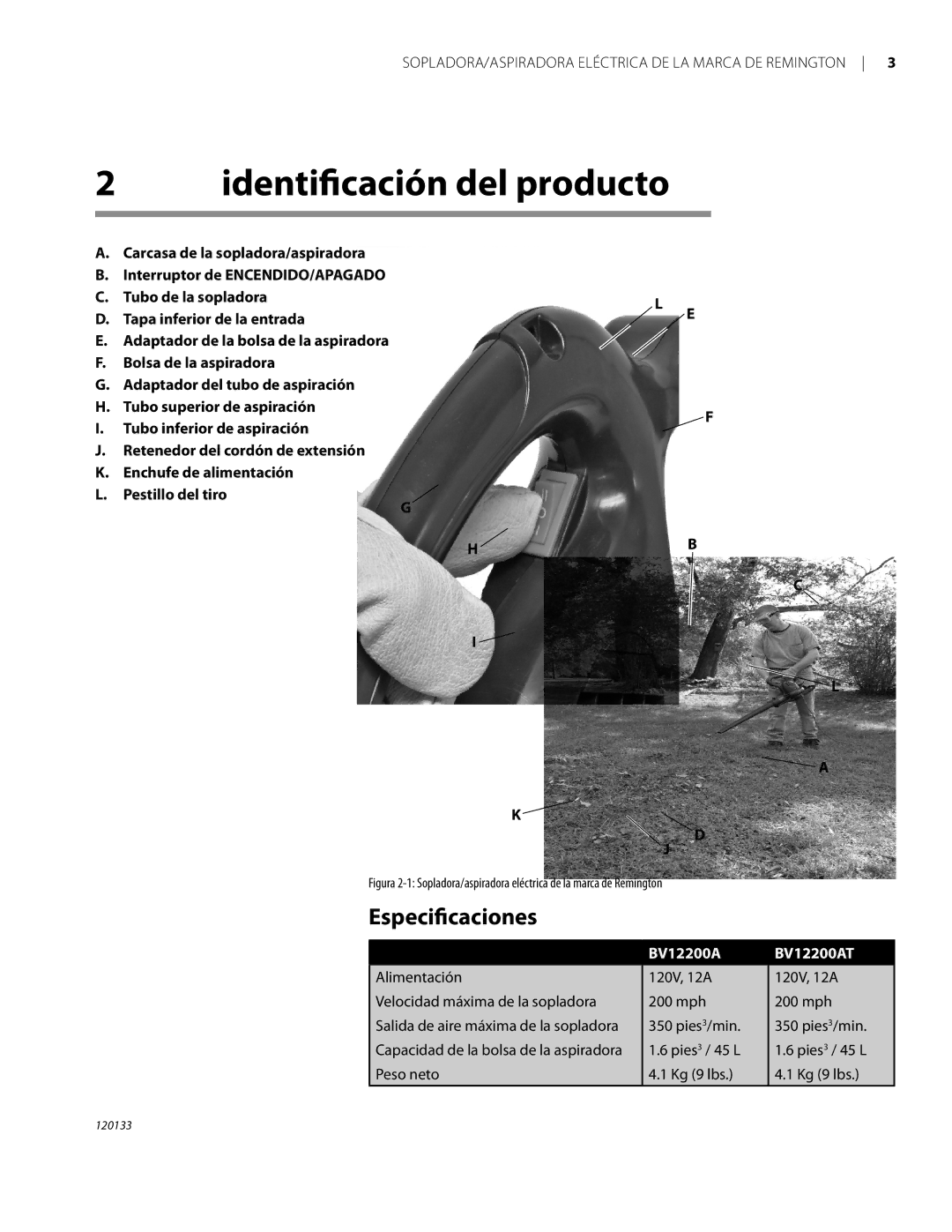 Remington BV12200A, BV1220DAT owner manual Identificación del producto, Especificaciones 