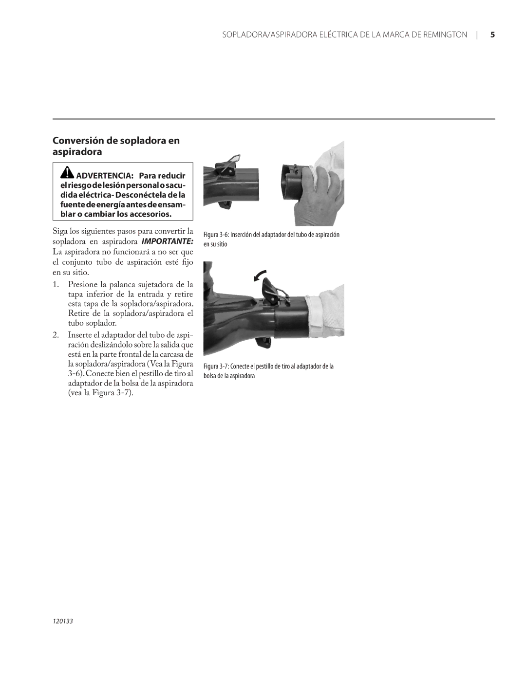 Remington BV12200A, BV1220DAT owner manual Conversión de sopladora en aspiradora 