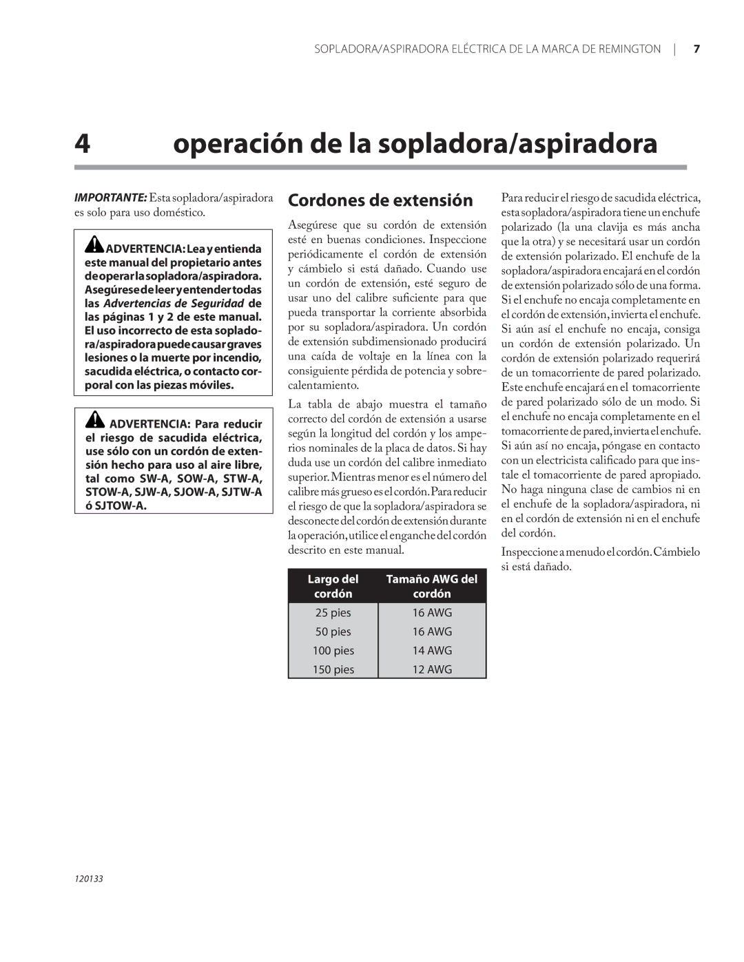 Remington BV12200A, BV1220DAT owner manual Operación de la sopladora/aspiradora, Cordones de extensión, Largo del 