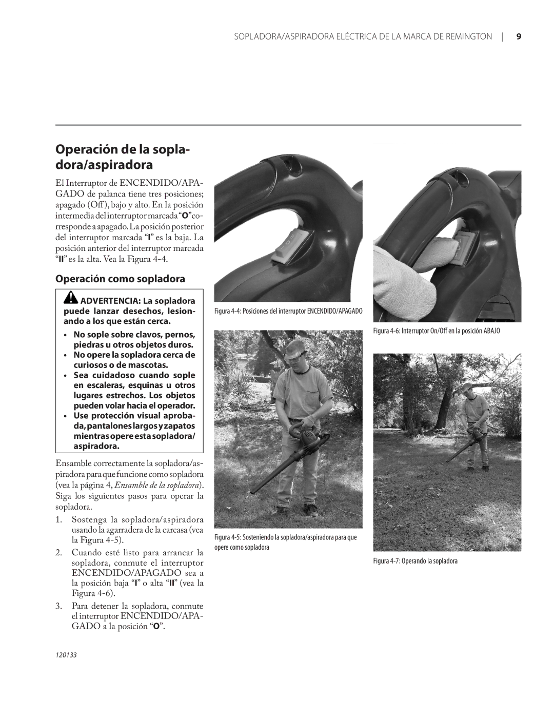 Remington BV12200A, BV1220DAT owner manual Operación de la sopla- dora/aspiradora, Operación como sopladora 