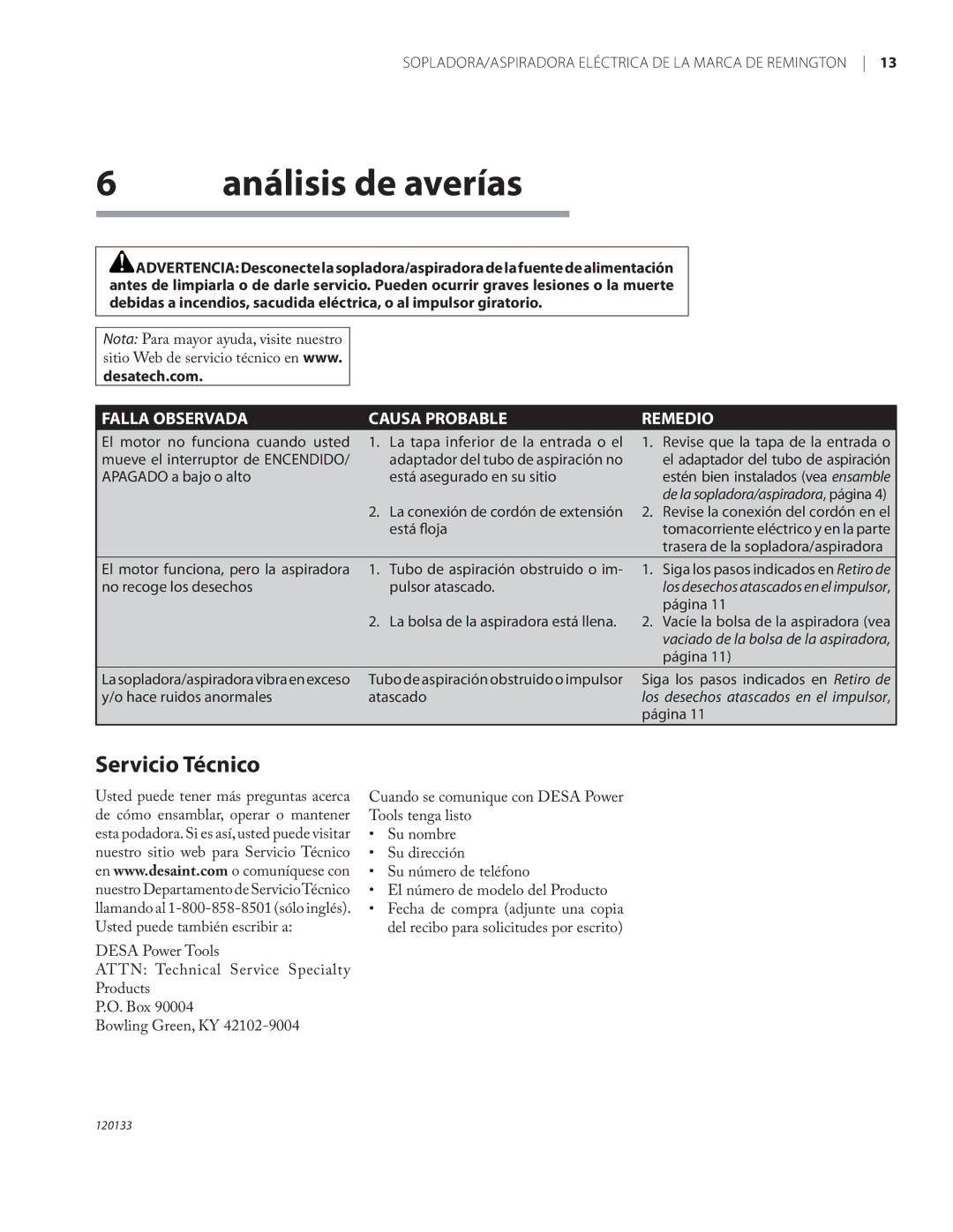 Remington BV12200A, BV1220DAT owner manual Análisis de averías, Servicio Técnico 