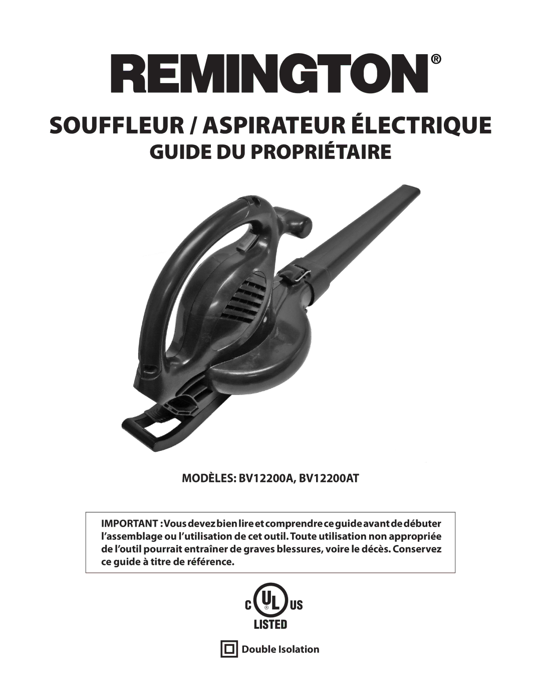 Remington BV12200A, BV1220DAT owner manual Souffleur / Aspirateur Électrique, Double Isolation 