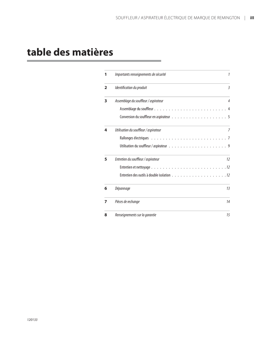 Remington BV12200A, BV1220DAT owner manual Table des matières, Identification du produit 