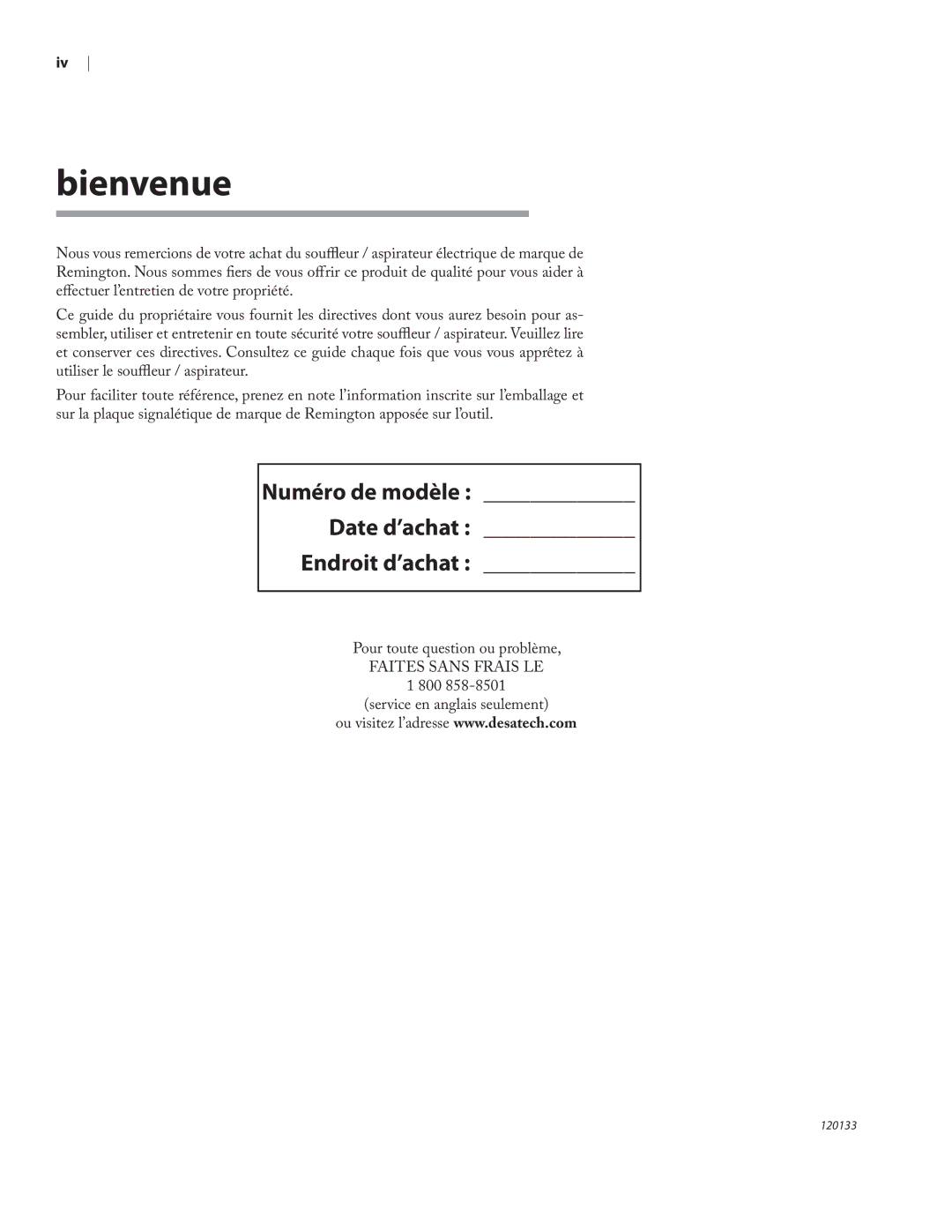 Remington BV12200A, BV1220DAT owner manual Bienvenue, Numéro de modèle Date d’achat Endroit d’achat 