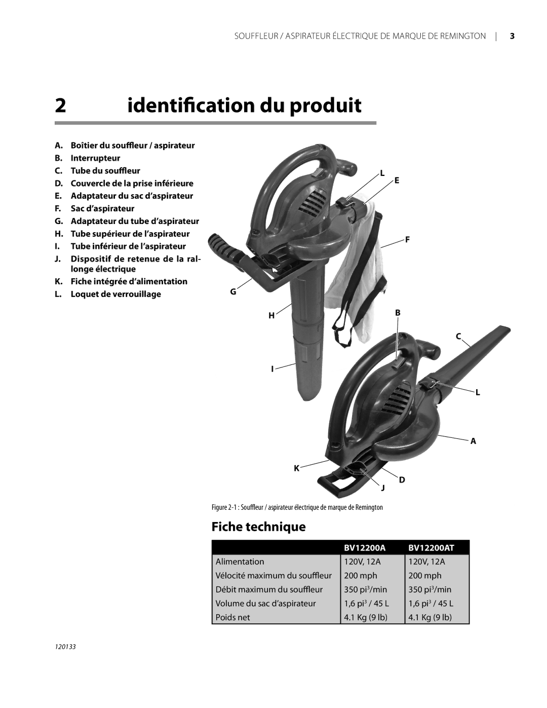 Remington BV12200A, BV1220DAT owner manual Identification du produit, Fiche technique 