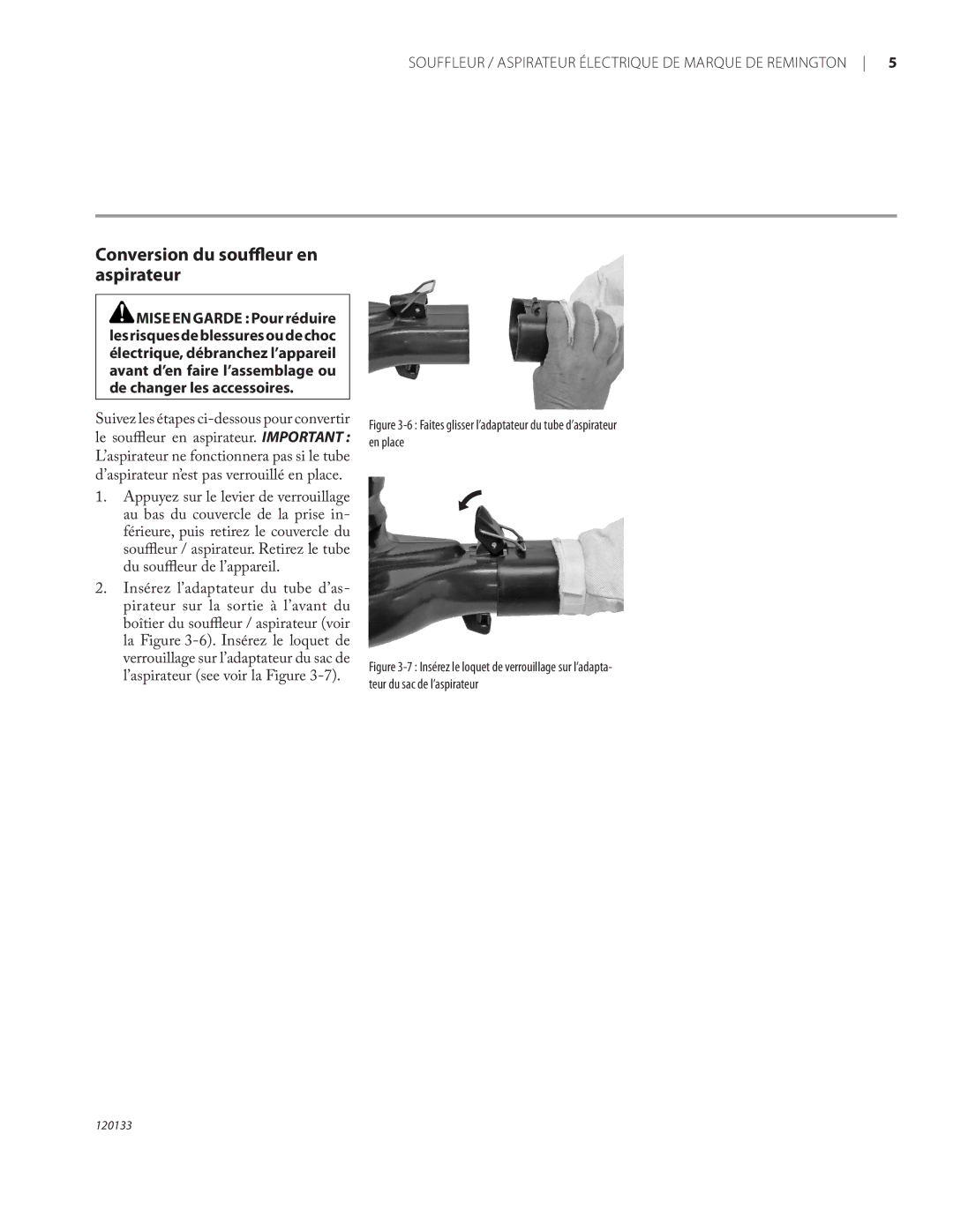 Remington BV12200A, BV1220DAT owner manual Conversion du souffleur en aspirateur 