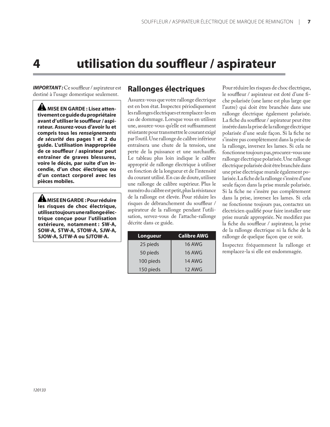 Remington BV12200A, BV1220DAT Utilisation du souffleur / aspirateur, Rallonges électriques, Longueur Calibre AWG 