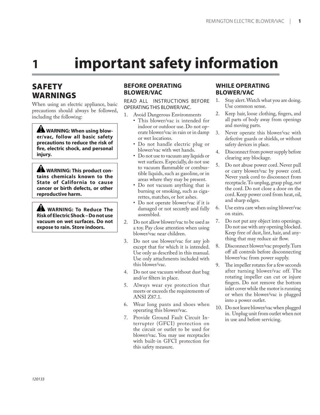 Remington BV12200A, BV1220DAT owner manual Important safety information, Blower/vac 