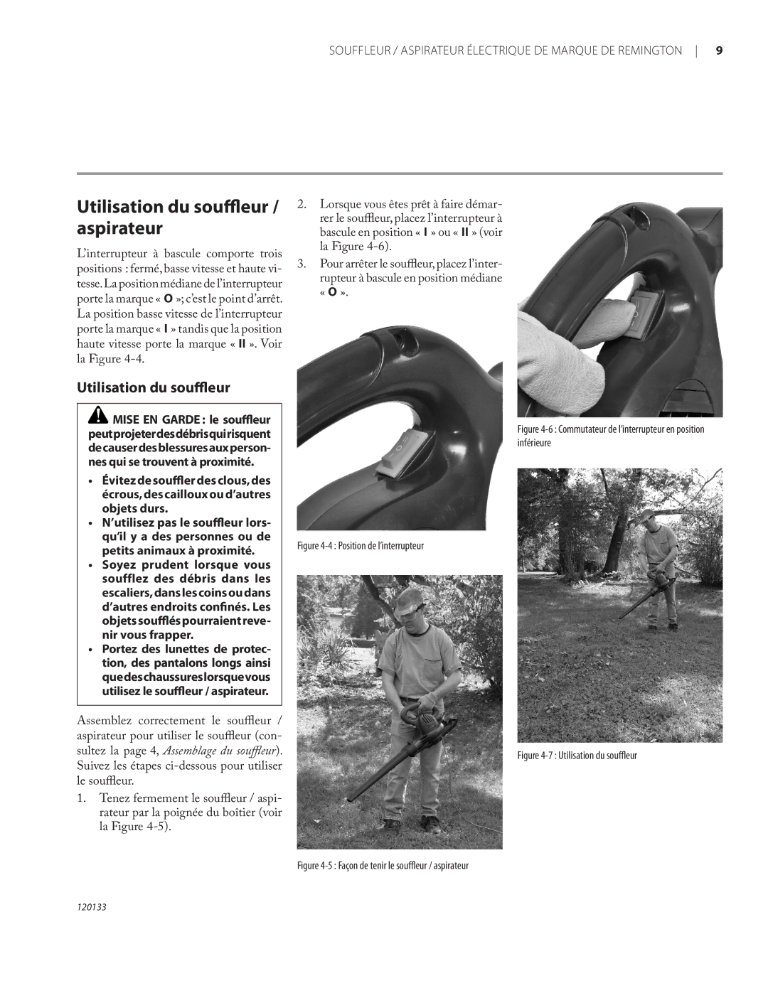 Remington BV12200A, BV1220DAT owner manual Utilisation du souffleur / aspirateur 