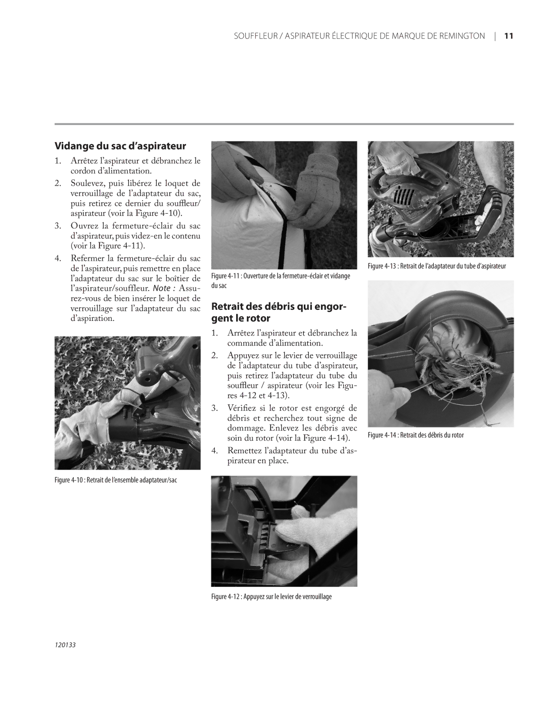 Remington BV12200A, BV1220DAT owner manual Vidange du sac d’aspirateur, Retrait des débris qui engor- gent le rotor 