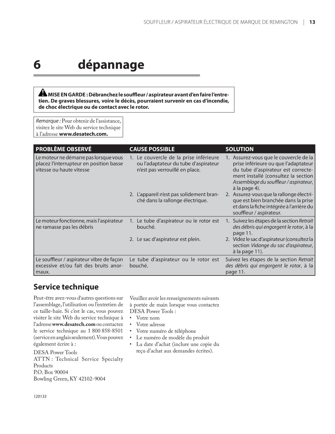 Remington BV12200A, BV1220DAT owner manual Dépannage, Service technique 