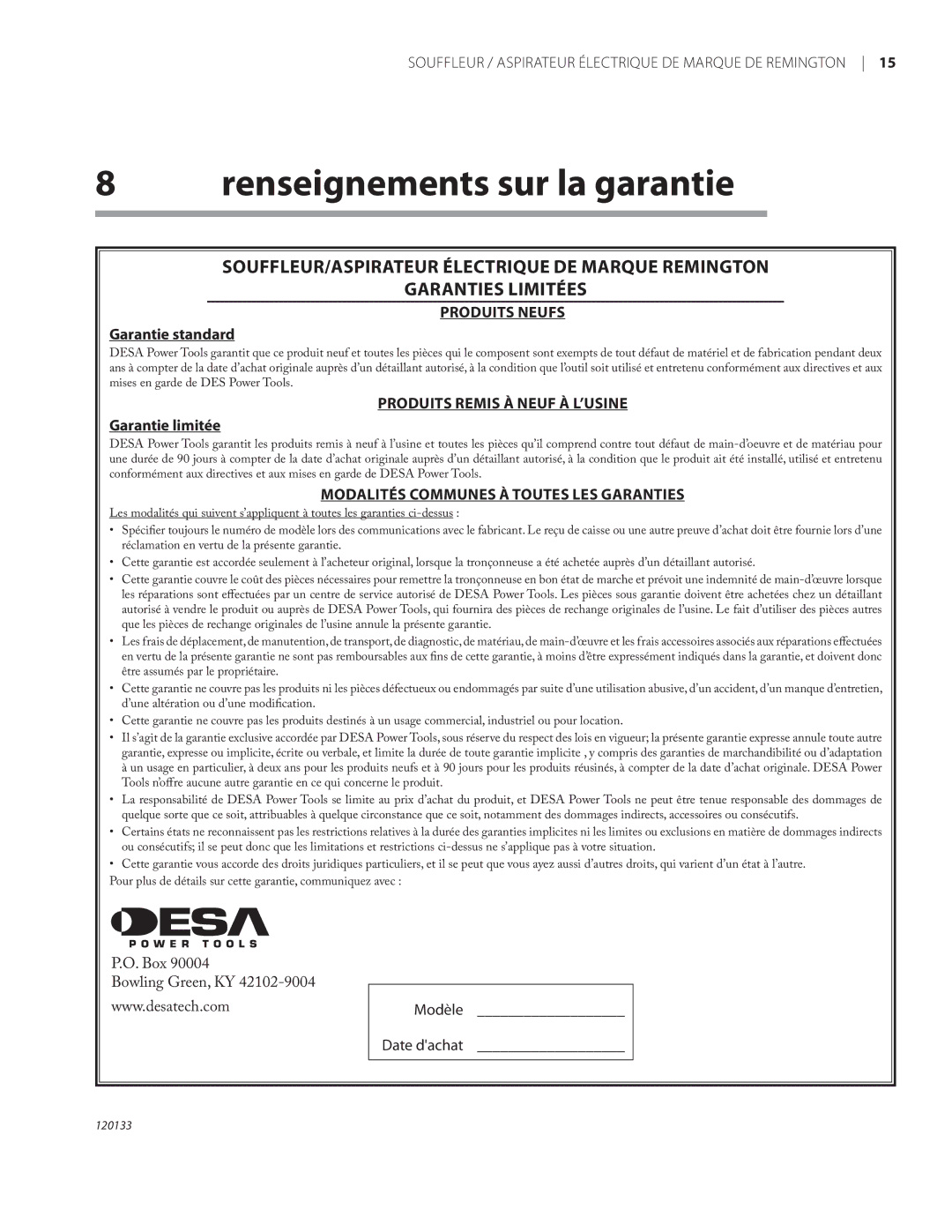 Remington BV12200A, BV1220DAT owner manual Renseignements sur la garantie, Produits Neufs 