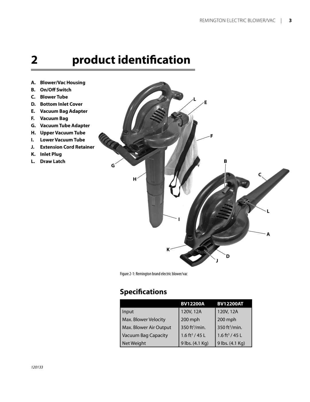 Remington BV12200A, BV1220DAT owner manual Product identification, Specifications, BV12200A BV12200AT 