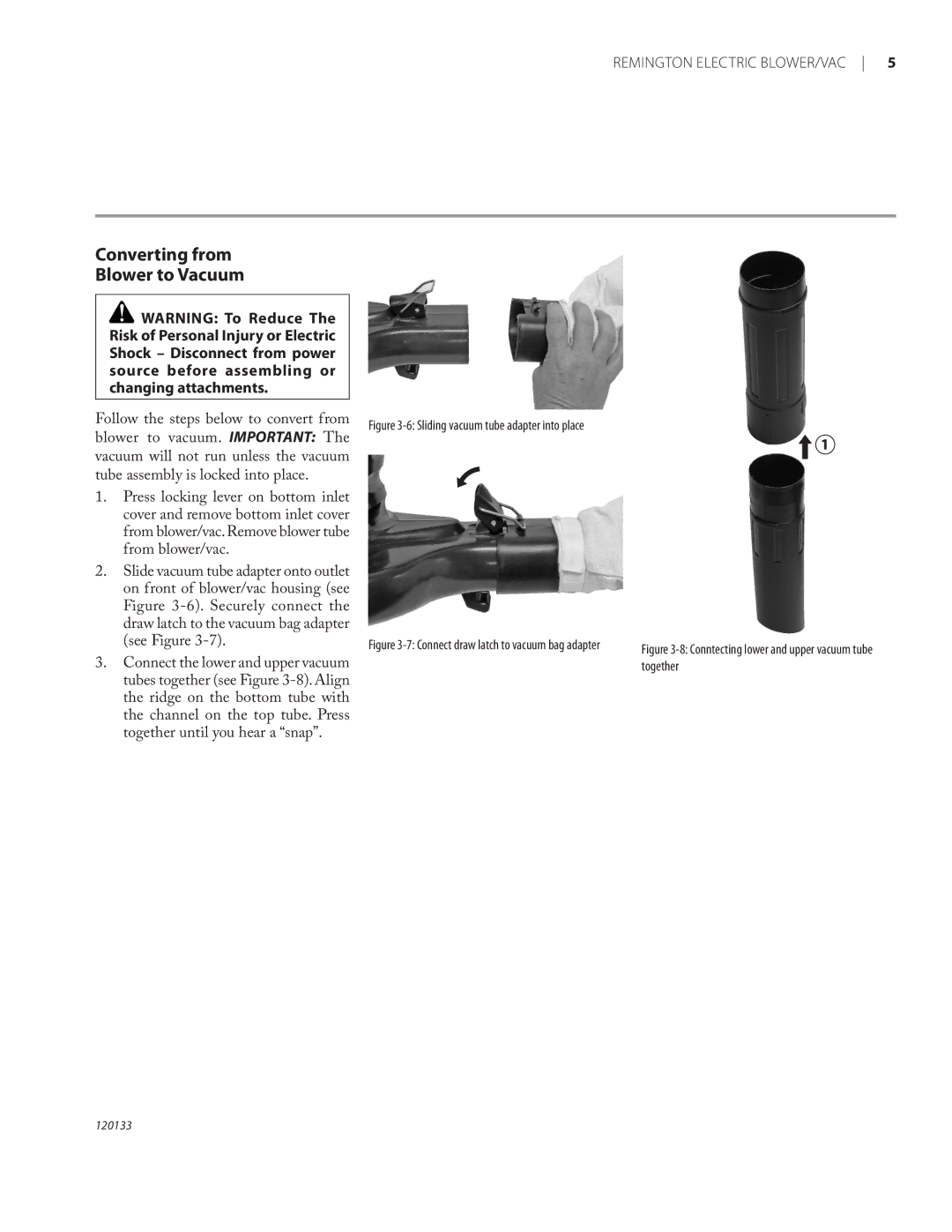 Remington BV12200A, BV1220DAT owner manual Converting from Blower to Vacuum, Sliding vacuum tube adapter into place 