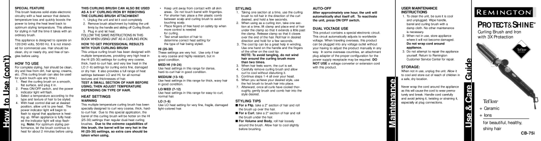 Remington CB-75i manual Maintenance, Use & Care Guide 