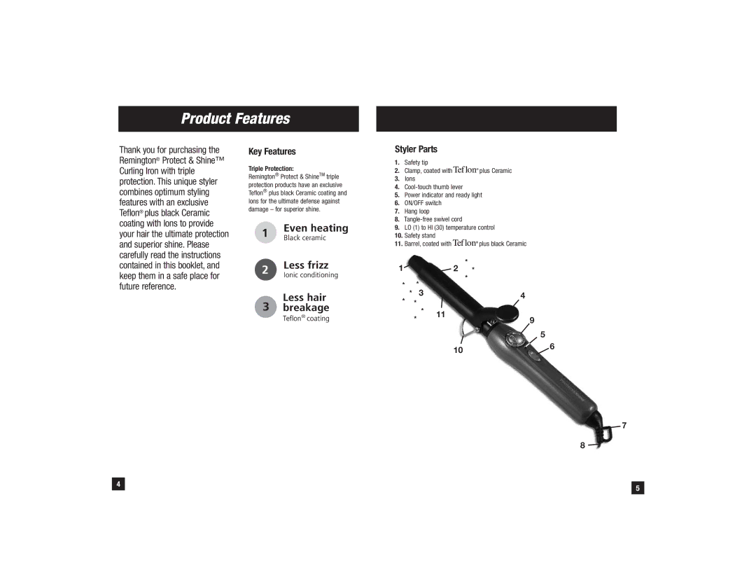 Remington CI-150i, CI-200i, CI-100i, CI-75i manual Product Features, Key Features, Styler Parts, Triple Protection 