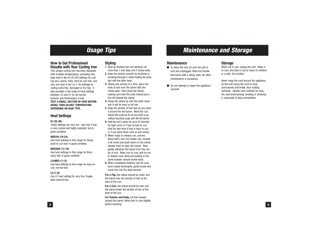 Remington CI-100i, CI-200i, CI-75i, CI-150i manual Usage Tips Maintenance and Storage, Heat Settings, Styling 