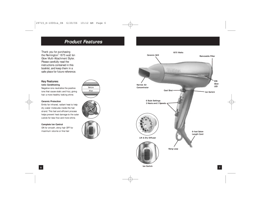 Remington D-1000IS manual Product Features, Key Features, Ionic Conditioning, Ceramic Protection, Complete Ion Control 