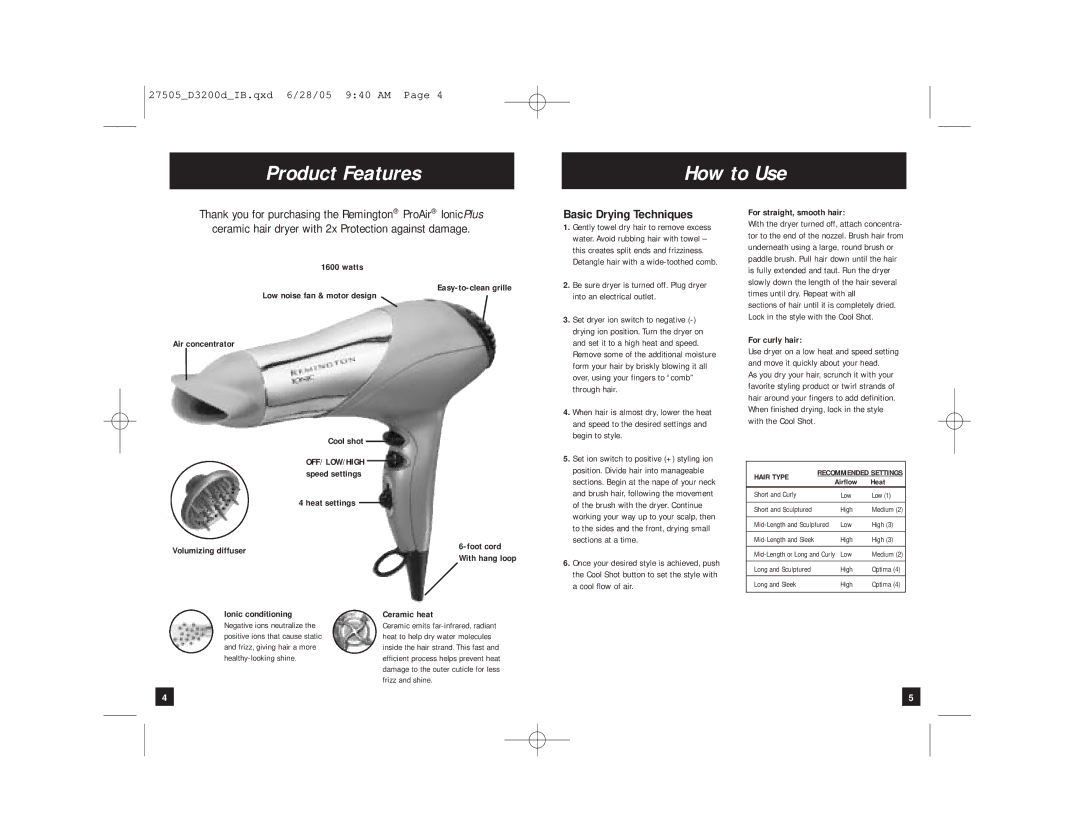 Remington D-3200dC manual Product Features How to Use, Basic Drying Techniques 