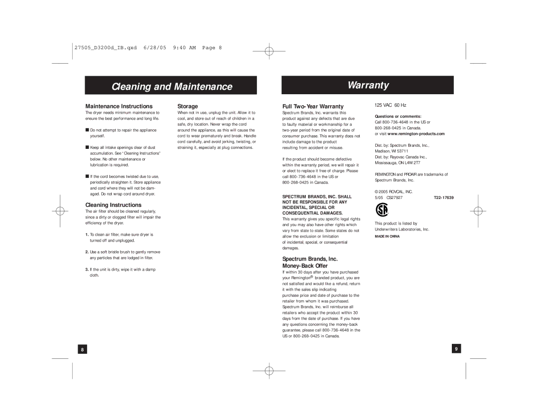 Remington D-3200dC manual Cleaning and Maintenance Warranty 