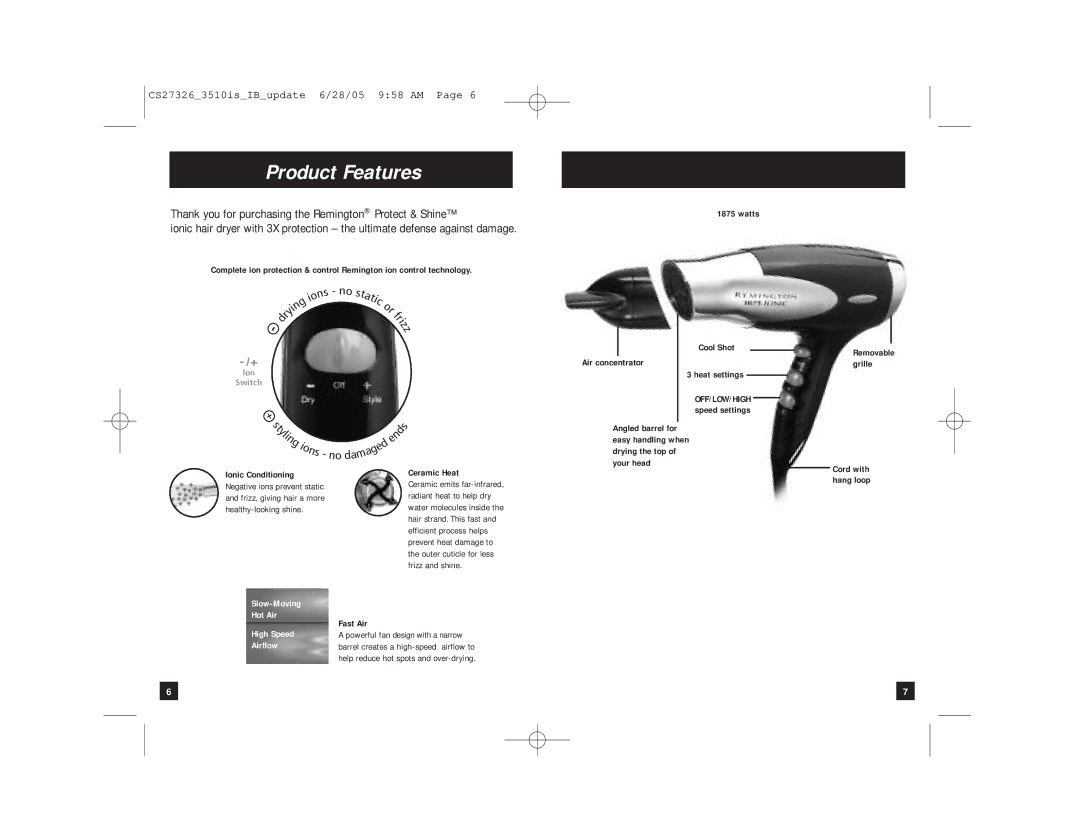 Remington D-3510is manual Product Features, No dam 