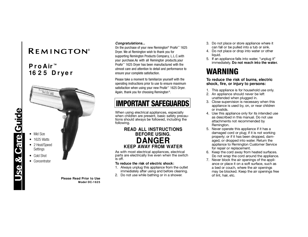 Remington DC-1625 operating instructions Read ALL Instructions Before Using Keep Away from Water, Mid Size Watts 