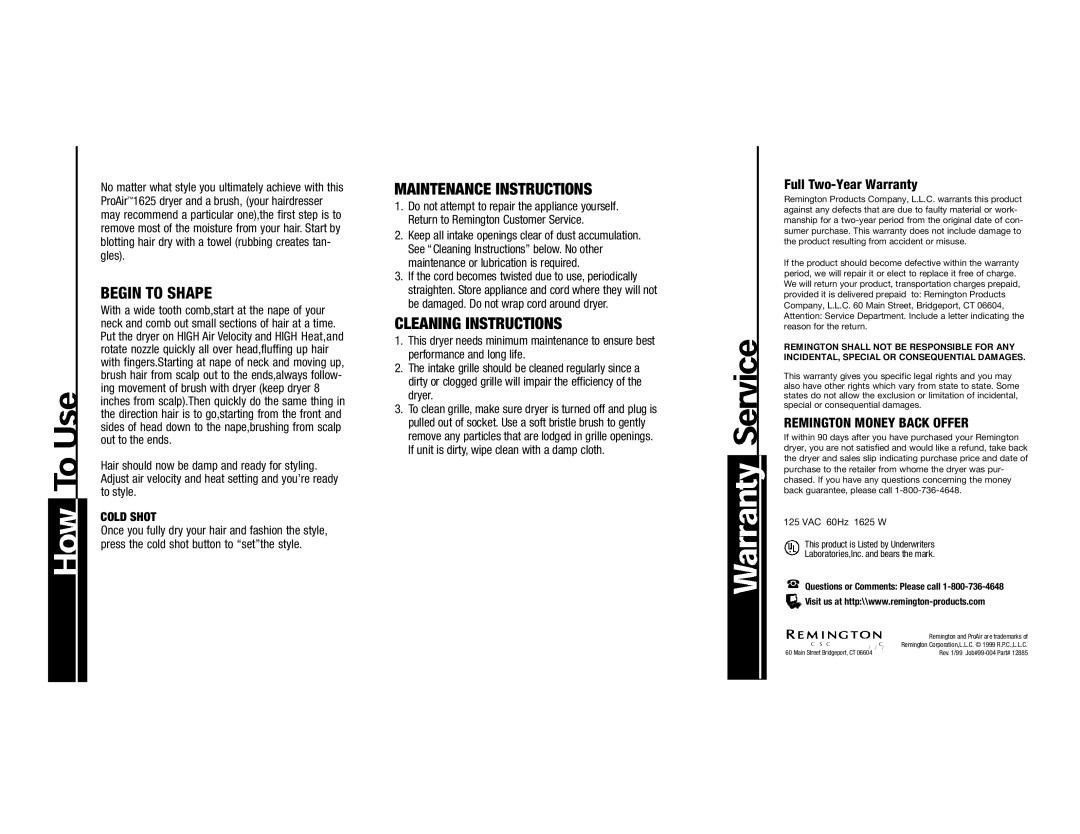 Remington DC-1625 operating instructions Maintenance Instructions, Cleaning Instructions, Full Two-Year Warranty 