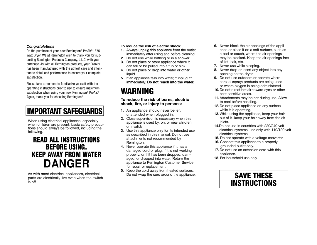 Remington DC-1875N manual Save These Instructions 