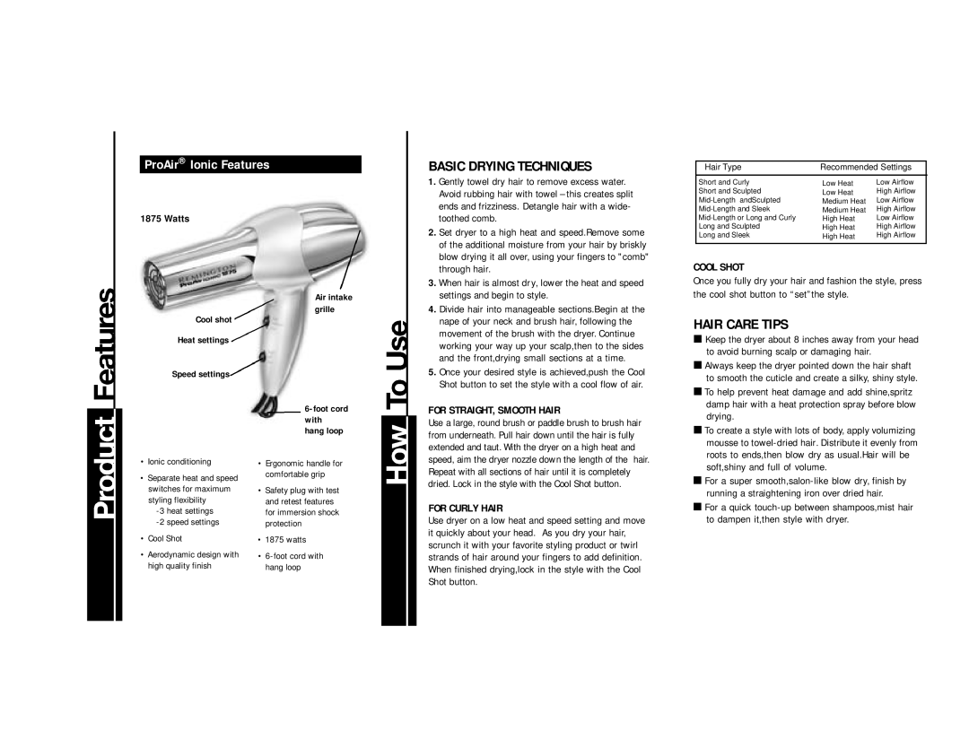 Remington DC-1880 manual Basic Drying Techniques, Hair Care Tips, Watts 