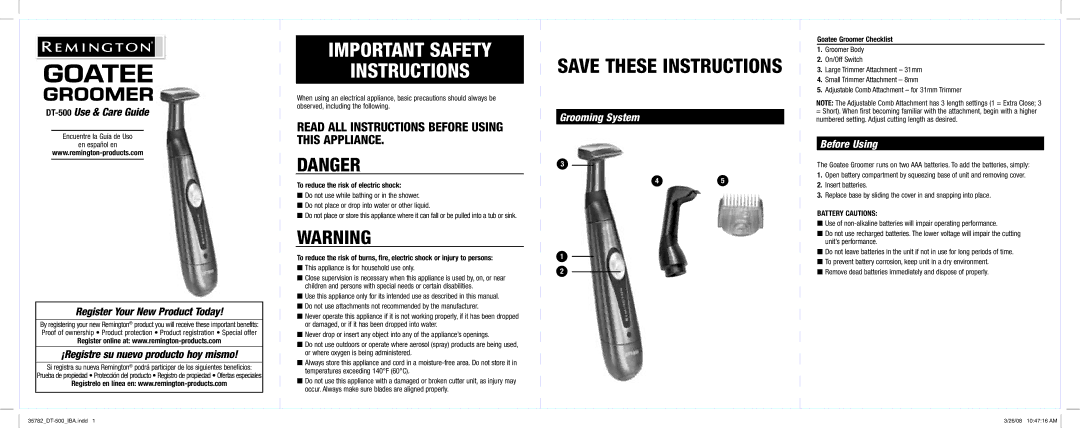 Remington DT-500 important safety instructions Grooming System, Before Using, To reduce the risk of electric shock 