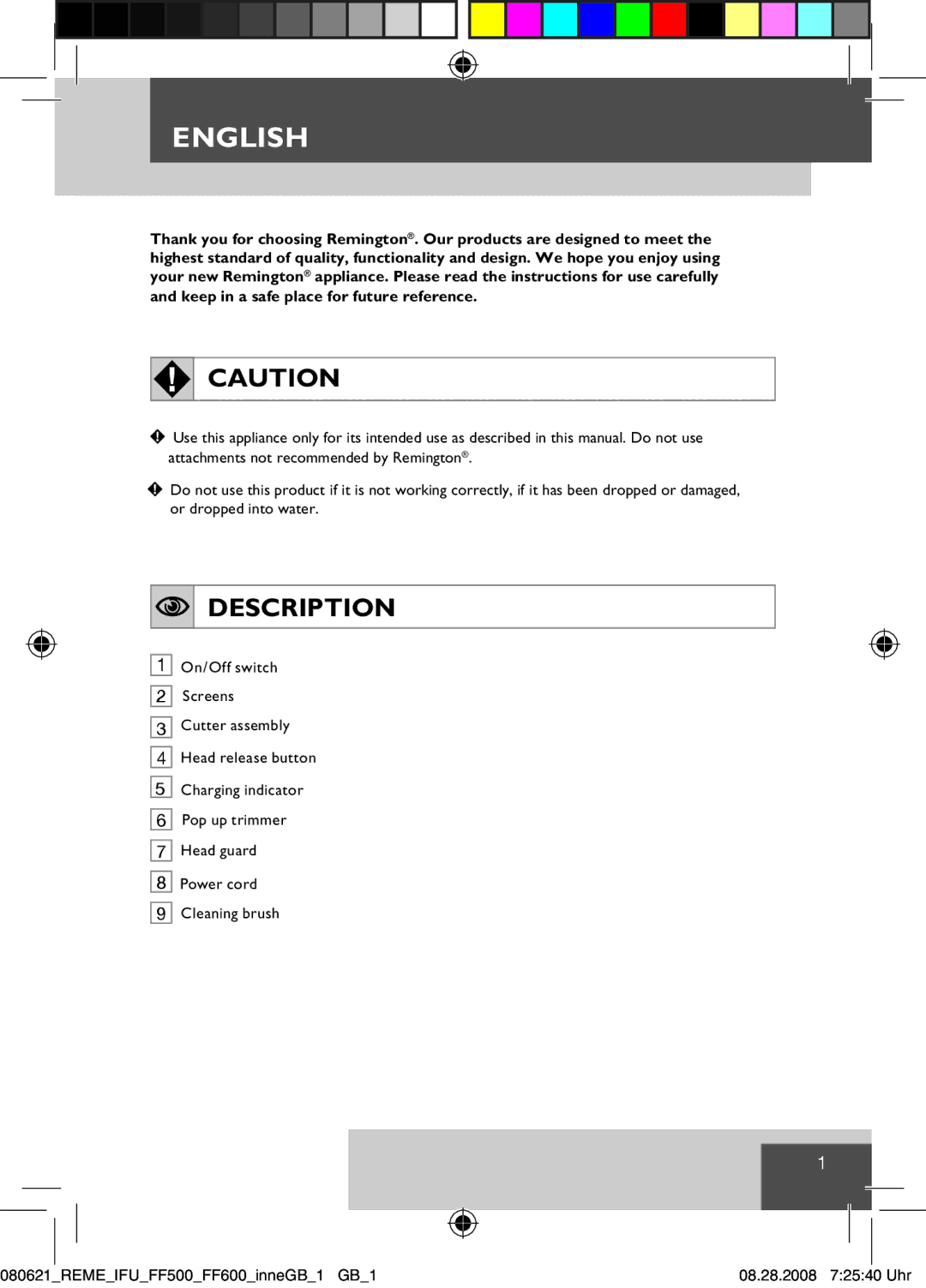 Remington F-3790 manual English, Description 